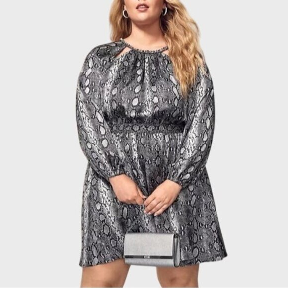 Michael Kors Plus Size Snakeskin-Print Chain-Neck Mini Satin Dress 0X NWT - Picture 1 of 12